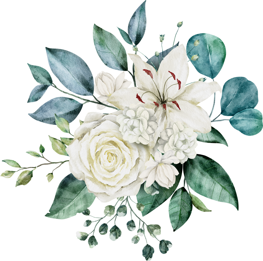 Green leaves and white rose watercolor