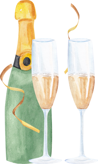 Watercolor bottle of champagne and glasses 